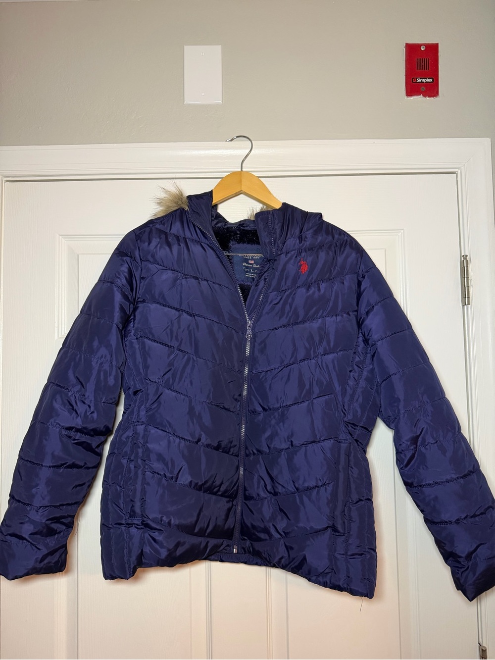 U. S POlO ASSN Navy Quilted Hooded Puffer with Faux-Fur Trim- Size L